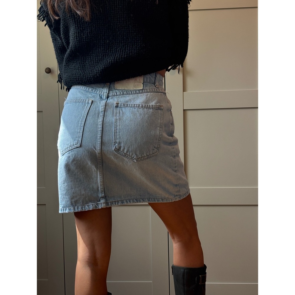 Vintage Bongo Denim Mini Skirt Light Wash High Waisted Logo Tape USA Made - Picture 2 of 7